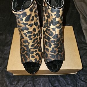 Leopard Print Peep Toe Ankle Boots